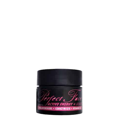 Perfect Face Active Energy 15ml veido kremas-bronzantas - juodas indelis su rožiniais užrašais, su OPC-OL kompleksu, cukranendrių ekstraktu, amarantu, DHA, taukmedžio ir kakavos sviestais bei argano aliejumi intensyviam įdegiui ir odos regeneracijai