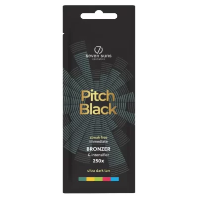 Seven Suns Pitch Black 250x bronzer 15ml itin stiprus soliariumo kremas - juoda pakuotė su žalsvomis garso bangomis ir auksiniais užrašais, maksimalaus stiprumo bronzantas momentiniam tamsiai rudos spalvos įdegiui