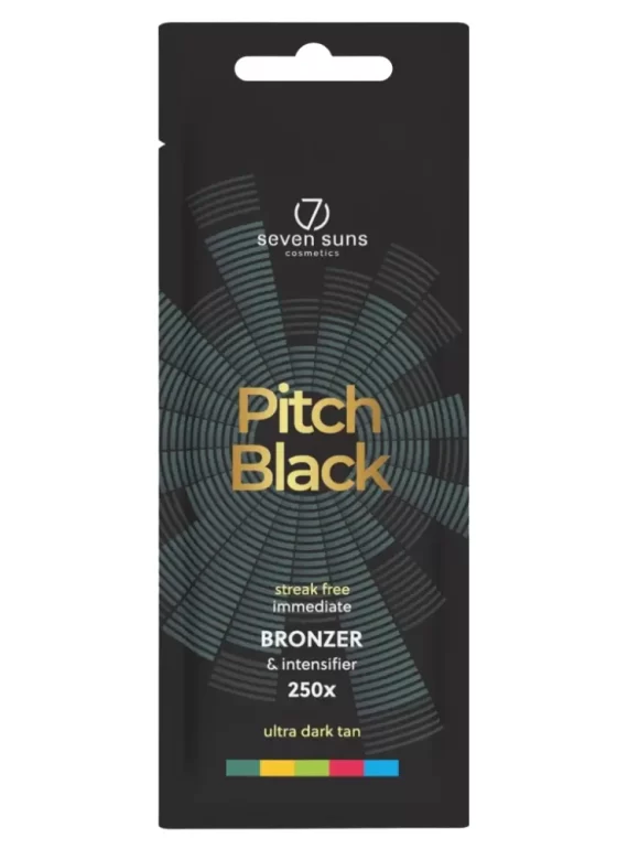 Seven Suns Pitch Black 250x bronzer 15ml itin stiprus soliariumo kremas - juoda pakuotė su žalsvomis garso bangomis ir auksiniais užrašais, maksimalaus stiprumo bronzantas momentiniam tamsiai rudos spalvos įdegiui