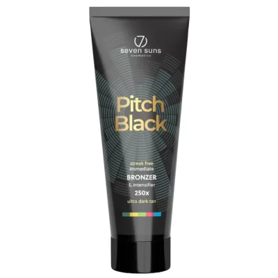 Seven Suns Pitch Black 250x bronzer 250ml itin stiprus soliariumo kremas - juoda pakuotė su žalsvomis garso bangomis ir auksiniais užrašais, maksimalaus stiprumo bronzantas momentiniam tamsiai rudos spalvos įdegiui
