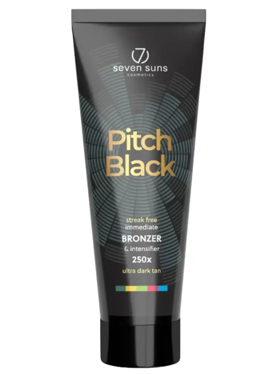 Seven Suns Pitch Black 250x bronzer 250ml itin stiprus soliariumo kremas - juoda pakuotė su žalsvomis garso bangomis ir auksiniais užrašais, maksimalaus stiprumo bronzantas momentiniam tamsiai rudos spalvos įdegiui