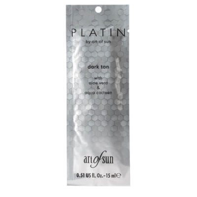 Art of Sun Platin Dark Tan 15ml premium soliariumo losjonas - sidabrinė pakuotė su koriniu dizainu, praturtintas alavijų ir kaktuso ekstraktais intensyviam įdegiui ir odos drėkinimui