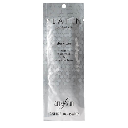 Art of Sun Platin Dark Tan 15ml premium soliariumo losjonas - sidabrinė pakuotė su koriniu dizainu, praturtintas alavijų ir kaktuso ekstraktais intensyviam įdegiui ir odos drėkinimui