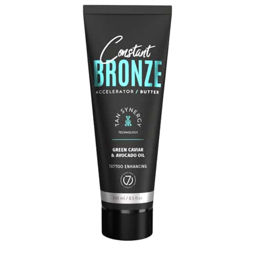 Seven Suns Constant Bronze 250ml soliariumo sviestas-akseleratorius - juoda pakuotė su mėlynu akcentu, praturtintas žaliųjų ikrų ir avokadų aliejais, drėkinantis ir paryškinantis tatuiruotes, su Tan Synergy technologija ilgalaikiam įdegiui
