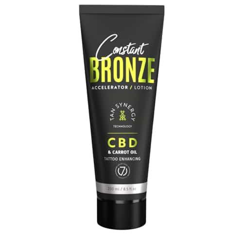 Seven Suns Constant Bronze CBD 250ml soliariumo losjonas-akseleratorius - juoda pakuotė su žaliu akcentu, su kanapių ir morkų aliejais, drėkinantis ir paryškinantis tatuiruotes, su Tan Synergy technologija ilgalaikiam įdegiui