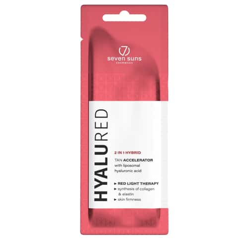 Seven Suns HyaluRed 15ml specializuotas soliariumo losjonas - raudona pakuotė su baltu dizainu, su hialurono rūgštimi ir kolagenu, skirtas raudonų lempų terapijai, odos stangrinimui ir greitesniam įdegiui