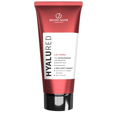 Seven Suns HyaluRed 250ml specializuotas soliariumo losjonas - raudona pakuotė su baltu dizainu, su hialurono rūgštimi ir kolagenu, skirtas raudonų lempų terapijai, odos stangrinimui ir greitesniam įdegiui