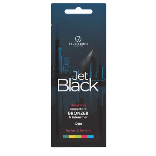Seven Suns Jet Black 120x bronzer 15ml intensyvus soliariumo kremas - juoda pakuotė su mėlynu miesto siluetu, dvigubos stiprybės bronzantas šokoladiniam įdegiui, tinkamas vyrams ir moterims
