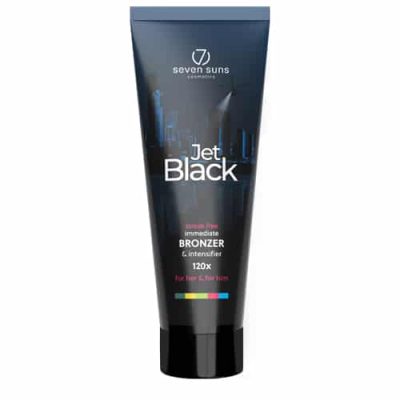 Seven Suns Jet Black 120x bronzer 250ml intensyvus soliariumo kremas - juoda pakuotė su mėlynu miesto siluetu, dvigubos stiprybės bronzantas šokoladiniam įdegiui, tinkamas vyrams ir moterims
