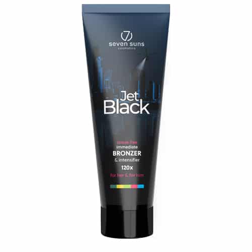 Seven Suns Jet Black 120x bronzer 250ml intensyvus soliariumo kremas - juoda pakuotė su mėlynu miesto siluetu, dvigubos stiprybės bronzantas šokoladiniam įdegiui, tinkamas vyrams ir moterims