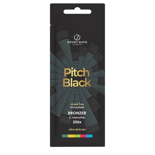 Seven Suns Pitch Black 250x bronzer 15ml itin stiprus soliariumo kremas - juoda pakuotė su žalsvomis garso bangomis ir auksiniais užrašais, maksimalaus stiprumo bronzantas momentiniam tamsiai rudos spalvos įdegiui