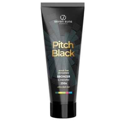 Seven Suns Pitch Black 250x bronzer 250ml itin stiprus soliariumo kremas - juoda pakuotė su žalsvomis garso bangomis ir auksiniais užrašais, maksimalaus stiprumo bronzantas momentiniam tamsiai rudos spalvos įdegiui