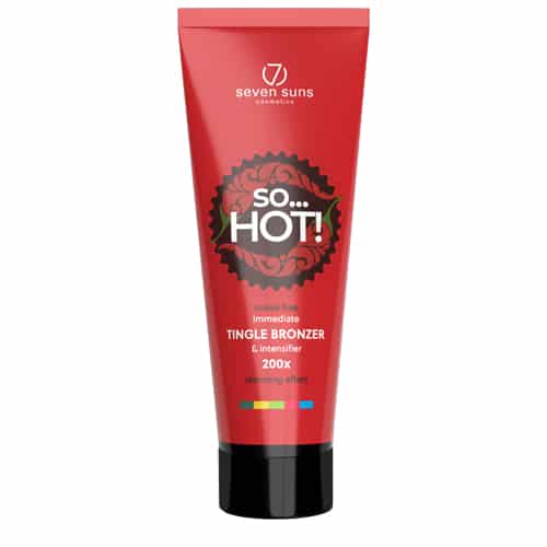 Seven Suns So...HOT! 200x Tingle bronzer 250ml šildantis soliariumo kremas - ryškiai raudona pakuotė su juodu ratuku, vidutinio stiprumo dilgčiojantis bronzantas su šildančiu efektu greitam ir natūraliam įdegiui