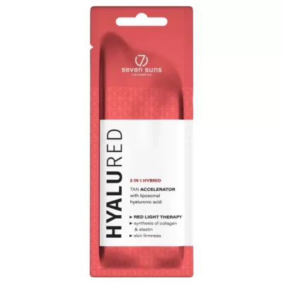 Seven Suns HyaluRed 15ml specializuotas soliariumo losjonas - raudona pakuotė su baltu dizainu, su hialurono rūgštimi ir kolagenu, skirtas raudonų lempų terapijai, odos stangrinimui ir greitesniam įdegiui