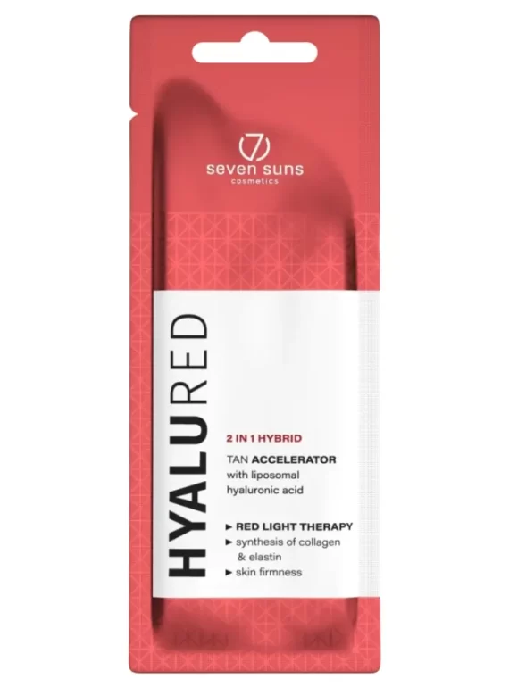 Seven Suns HyaluRed 15ml specializuotas soliariumo losjonas - raudona pakuotė su baltu dizainu, su hialurono rūgštimi ir kolagenu, skirtas raudonų lempų terapijai, odos stangrinimui ir greitesniam įdegiui