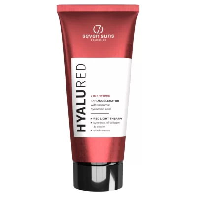 Seven Suns HyaluRed 250ml specializuotas soliariumo losjonas - raudona pakuotė su baltu dizainu, su hialurono rūgštimi ir kolagenu, skirtas raudonų lempų terapijai, odos stangrinimui ir greitesniam įdegiui