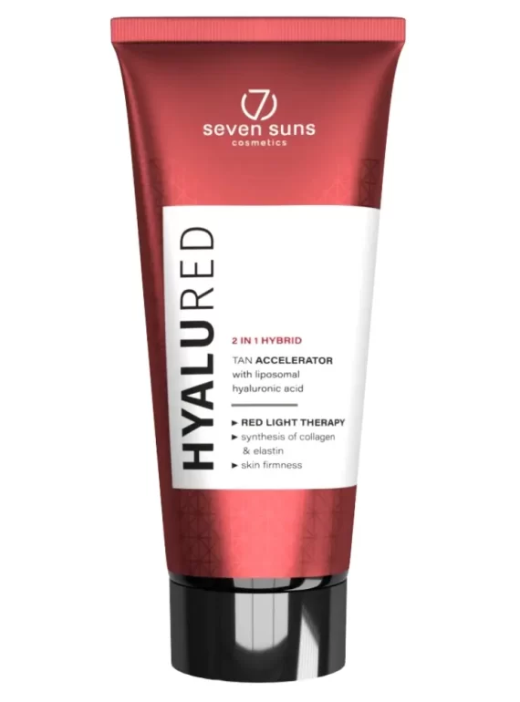 Seven Suns HyaluRed 250ml specializuotas soliariumo losjonas - raudona pakuotė su baltu dizainu, su hialurono rūgštimi ir kolagenu, skirtas raudonų lempų terapijai, odos stangrinimui ir greitesniam įdegiui