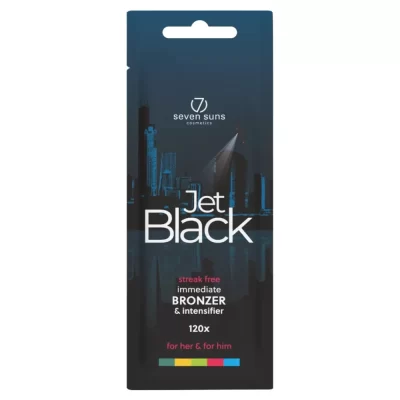 Seven Suns Jet Black 120x bronzer 15ml intensyvus soliariumo kremas - juoda pakuotė su mėlynu miesto siluetu, dvigubos stiprybės bronzantas šokoladiniam įdegiui, tinkamas vyrams ir moterims