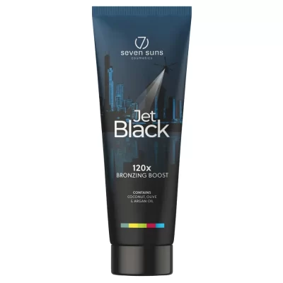 Seven Suns Jet Black 120x bronzer 250ml intensyvus soliariumo kremas - juoda pakuotė su mėlynu miesto siluetu, dvigubos stiprybės bronzantas šokoladiniam įdegiui, tinkamas vyrams ir moterims