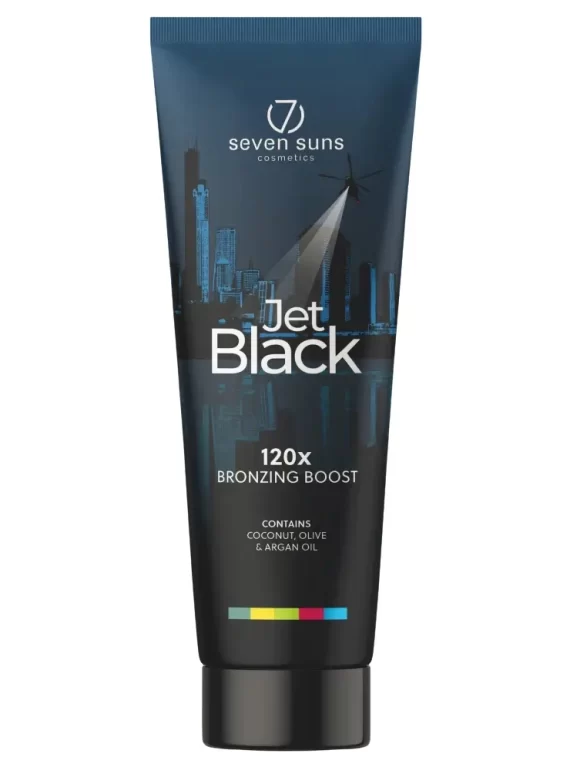 Seven Suns Jet Black 120x bronzer 250ml intensyvus soliariumo kremas - juoda pakuotė su mėlynu miesto siluetu, dvigubos stiprybės bronzantas šokoladiniam įdegiui, tinkamas vyrams ir moterims