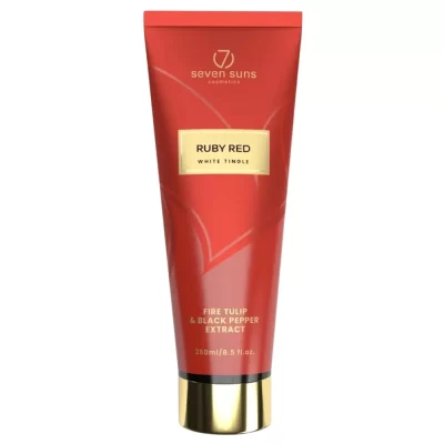 Seven Suns Ruby Red 15ml ekstremalus soliariumo losjonas - burbono raudona pakuotė su aukso detalėmis, su ugninės tulpės ir juodųjų pipirų aliejais, intensyviam kaitinančiam poveikiui ir sunkiai įdegančių vietų įdegiui