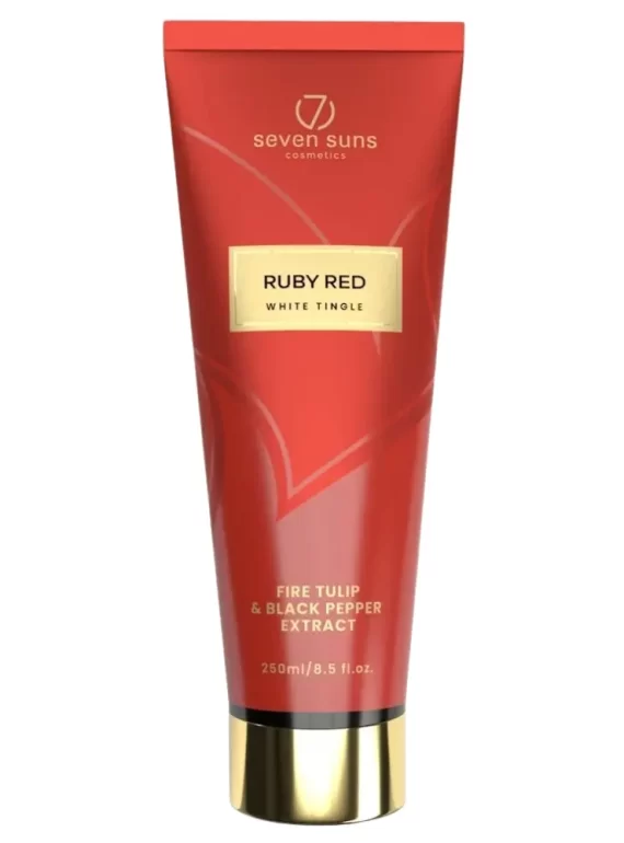 Seven Suns Ruby Red 15ml ekstremalus soliariumo losjonas - burbono raudona pakuotė su aukso detalėmis, su ugninės tulpės ir juodųjų pipirų aliejais, intensyviam kaitinančiam poveikiui ir sunkiai įdegančių vietų įdegiui