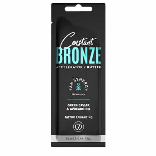 Seven Suns Constant Bronze 20ml soliariumo sviestas-akseleratorius - juoda pakuotė su mėlynu akcentu, praturtintas žaliųjų ikrų ir avokadų aliejais, drėkinantis ir paryškinantis tatuiruotes, su Tan Synergy technologija ilgalaikiam įdegiui