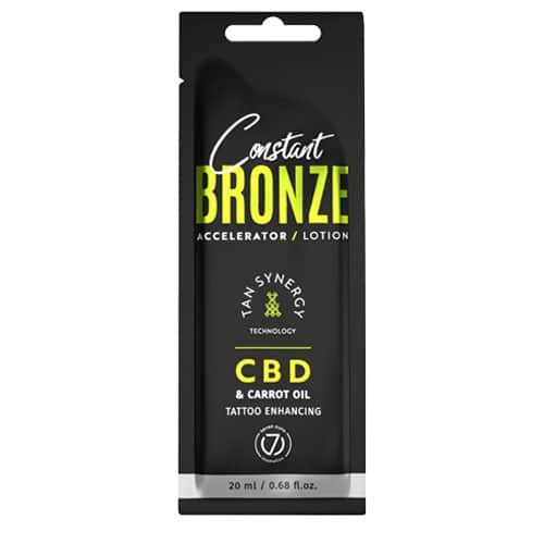 Seven Suns Constant Bronze CBD 20ml soliariumo losjonas-akseleratorius - juoda pakuotė su žaliu akcentu, su kanapių ir morkų aliejais, drėkinantis ir paryškinantis tatuiruotes, su Tan Synergy technologija ilgalaikiam įdegiui
