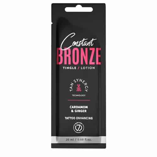 Seven Suns Constant Bronze Tingle 20ml soliariumo losjonas - juoda pakuotė su rožiniu akcentu, su kardamonu ir imbieru, dilgčiojantis efektas kūnui, drėkinantis ir paryškinantis tatuiruotes, su Tan Synergy technologija intensyviam įdegiui