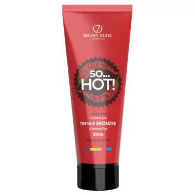 Seven Suns So...HOT! 200x Tingle bronzer 250ml šildantis soliariumo kremas - ryškiai raudona pakuotė su juodu ratuku, vidutinio stiprumo dilgčiojantis bronzantas su šildančiu efektu greitam ir natūraliam įdegiui