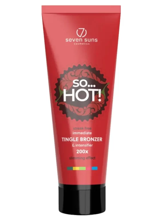 Seven Suns So...HOT! 200x Tingle bronzer 250ml šildantis soliariumo kremas - ryškiai raudona pakuotė su juodu ratuku, vidutinio stiprumo dilgčiojantis bronzantas su šildančiu efektu greitam ir natūraliam įdegiui