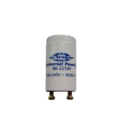 "Soliariumo lempų starteris Universal Power, 80-225W galios, 230-240V įtampos, 50/60 Hz dažnio, baltas cilindrinis korpusas su mėlynu logotipu ir dviem metaliniais kontaktais
