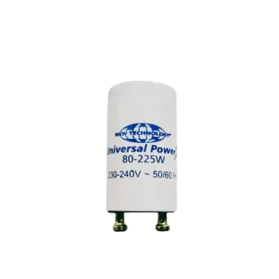 "Soliariumo lempų starteris Universal Power, 80-225W galios, 230-240V įtampos, 50/60 Hz dažnio, baltas cilindrinis korpusas su mėlynu logotipu ir dviem metaliniais kontaktais