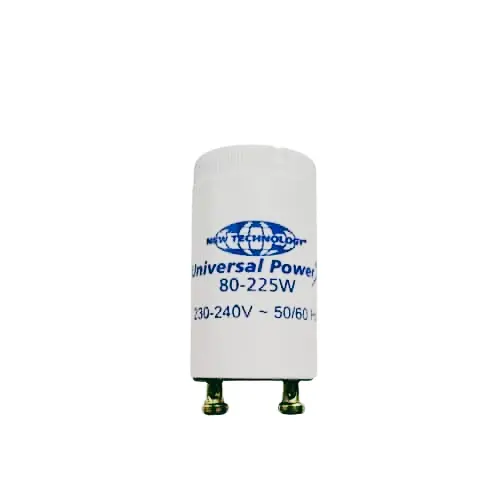 "Soliariumo lempų starteris Universal Power, 80-225W galios, 230-240V įtampos, 50/60 Hz dažnio, baltas cilindrinis korpusas su mėlynu logotipu ir dviem metaliniais kontaktais