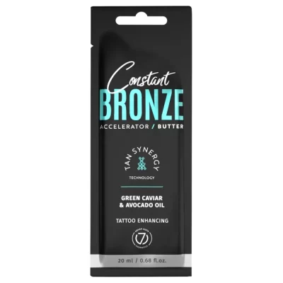 Seven Suns Constant Bronze 20ml soliariumo sviestas-akseleratorius - juoda pakuotė su mėlynu akcentu, praturtintas žaliųjų ikrų ir avokadų aliejais, drėkinantis ir paryškinantis tatuiruotes, su Tan Synergy technologija ilgalaikiam įdegiui