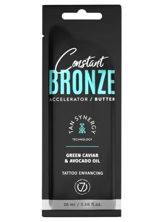 Seven Suns Constant Bronze 20ml soliariumo sviestas-akseleratorius - juoda pakuotė su mėlynu akcentu, praturtintas žaliųjų ikrų ir avokadų aliejais, drėkinantis ir paryškinantis tatuiruotes, su Tan Synergy technologija ilgalaikiam įdegiui