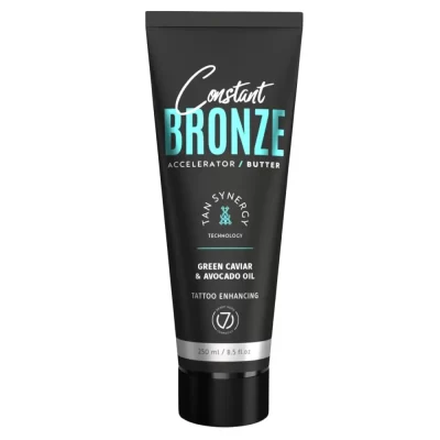 Seven Suns Constant Bronze 250ml soliariumo sviestas-akseleratorius - juoda pakuotė su mėlynu akcentu, praturtintas žaliųjų ikrų ir avokadų aliejais, drėkinantis ir paryškinantis tatuiruotes, su Tan Synergy technologija ilgalaikiam įdegiui