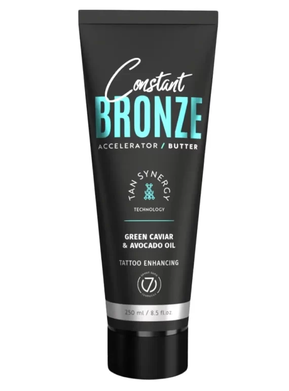 Seven Suns Constant Bronze 250ml soliariumo sviestas-akseleratorius - juoda pakuotė su mėlynu akcentu, praturtintas žaliųjų ikrų ir avokadų aliejais, drėkinantis ir paryškinantis tatuiruotes, su Tan Synergy technologija ilgalaikiam įdegiui
