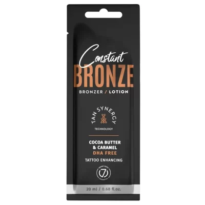 Seven Suns Constant Bronze Bronzer 20ml soliariumo losjonas - juoda pakuotė su bronziniu akcentu, su karamele ir graikinių riešutų kevalų ekstraktu, be DHA, drėkinantis ir paryškinantis tatuiruotes, su Tan Synergy technologija tolygiam įdegiui