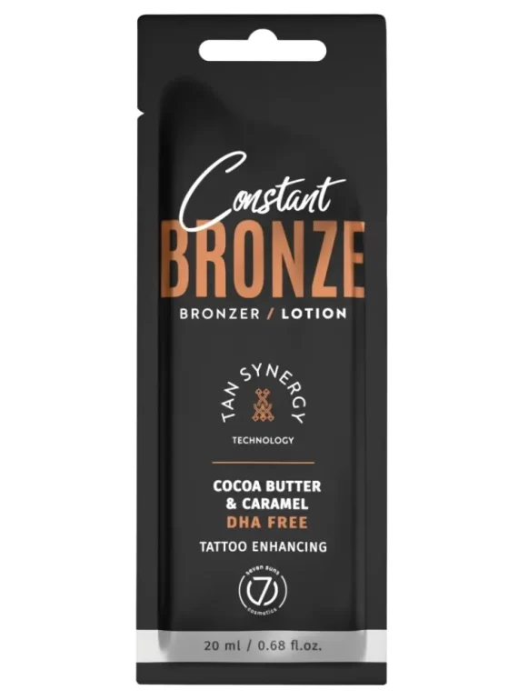 Seven Suns Constant Bronze Bronzer 20ml soliariumo losjonas - juoda pakuotė su bronziniu akcentu, su karamele ir graikinių riešutų kevalų ekstraktu, be DHA, drėkinantis ir paryškinantis tatuiruotes, su Tan Synergy technologija tolygiam įdegiui