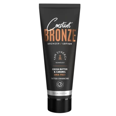 Seven Suns Constant Bronze Bronzer 250ml soliariumo losjonas - juoda pakuotė su bronziniu akcentu, su karamele ir graikinių riešutų kevalų ekstraktu, be DHA, drėkinantis ir paryškinantis tatuiruotes, su Tan Synergy technologija tolygiam įdegiui