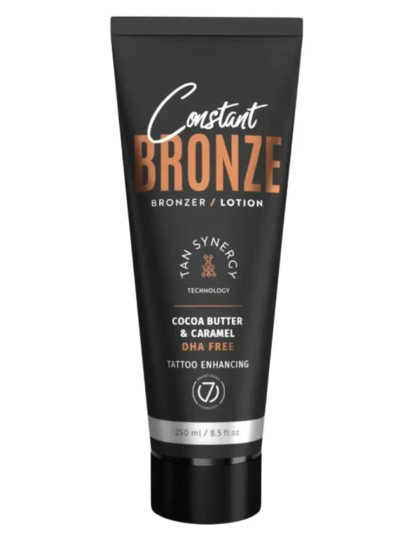Seven Suns Constant Bronze Bronzer 250ml soliariumo losjonas - juoda pakuotė su bronziniu akcentu, su karamele ir graikinių riešutų kevalų ekstraktu, be DHA, drėkinantis ir paryškinantis tatuiruotes, su Tan Synergy technologija tolygiam įdegiui