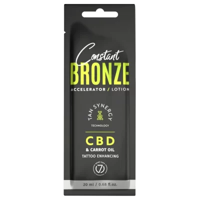 Seven Suns Constant Bronze CBD 20ml soliariumo losjonas-akseleratorius - juoda pakuotė su žaliu akcentu, su kanapių ir morkų aliejais, drėkinantis ir paryškinantis tatuiruotes, su Tan Synergy technologija ilgalaikiam įdegiui