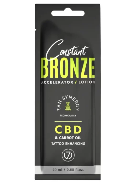 Seven Suns Constant Bronze CBD 20ml soliariumo losjonas-akseleratorius - juoda pakuotė su žaliu akcentu, su kanapių ir morkų aliejais, drėkinantis ir paryškinantis tatuiruotes, su Tan Synergy technologija ilgalaikiam įdegiui