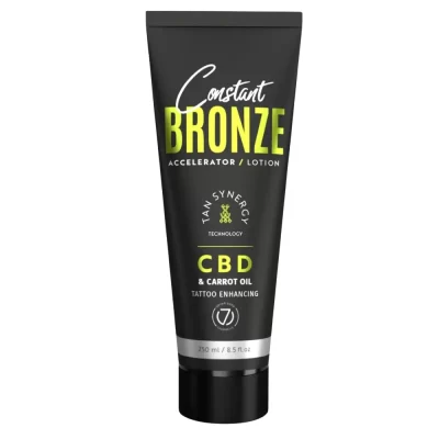 Seven Suns Constant Bronze CBD 250ml soliariumo losjonas-akseleratorius - juoda pakuotė su žaliu akcentu, su kanapių ir morkų aliejais, drėkinantis ir paryškinantis tatuiruotes, su Tan Synergy technologija ilgalaikiam įdegiui