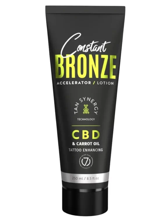 Seven Suns Constant Bronze CBD 250ml soliariumo losjonas-akseleratorius - juoda pakuotė su žaliu akcentu, su kanapių ir morkų aliejais, drėkinantis ir paryškinantis tatuiruotes, su Tan Synergy technologija ilgalaikiam įdegiui