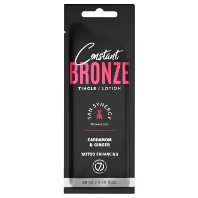 Seven Suns Constant Bronze Tingle 20ml soliariumo losjonas - juoda pakuotė su rožiniu akcentu, su kardamonu ir imbieru, dilgčiojantis efektas kūnui, drėkinantis ir paryškinantis tatuiruotes, su Tan Synergy technologija intensyviam įdegiui