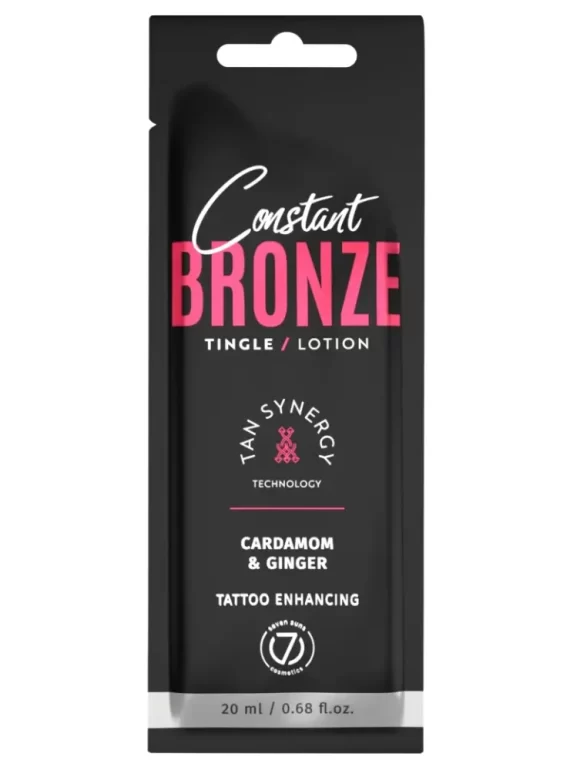 Seven Suns Constant Bronze Tingle 20ml soliariumo losjonas - juoda pakuotė su rožiniu akcentu, su kardamonu ir imbieru, dilgčiojantis efektas kūnui, drėkinantis ir paryškinantis tatuiruotes, su Tan Synergy technologija intensyviam įdegiui