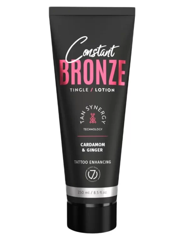 "Seven Suns Constant Bronze Tingle 250ml soliariumo losjonas - juoda pakuotė su rožiniu akcentu, su kardamonu ir imbieru, dilgčiojantis efektas kūnui, drėkinantis ir paryškinantis tatuiruotes, su Tan Synergy technologija intensyviam įdegiui