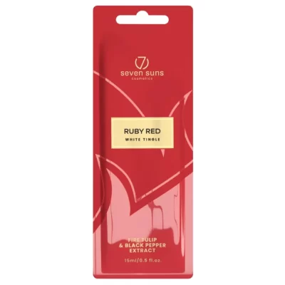 Seven Suns Ruby Red 15ml ekstremalus soliariumo losjonas - burbono raudona pakuotė su aukso detalėmis, su ugninės tulpės ir juodųjų pipirų aliejais, intensyviam kaitinančiam poveikiui ir sunkiai įdegančių vietų įdegiui
